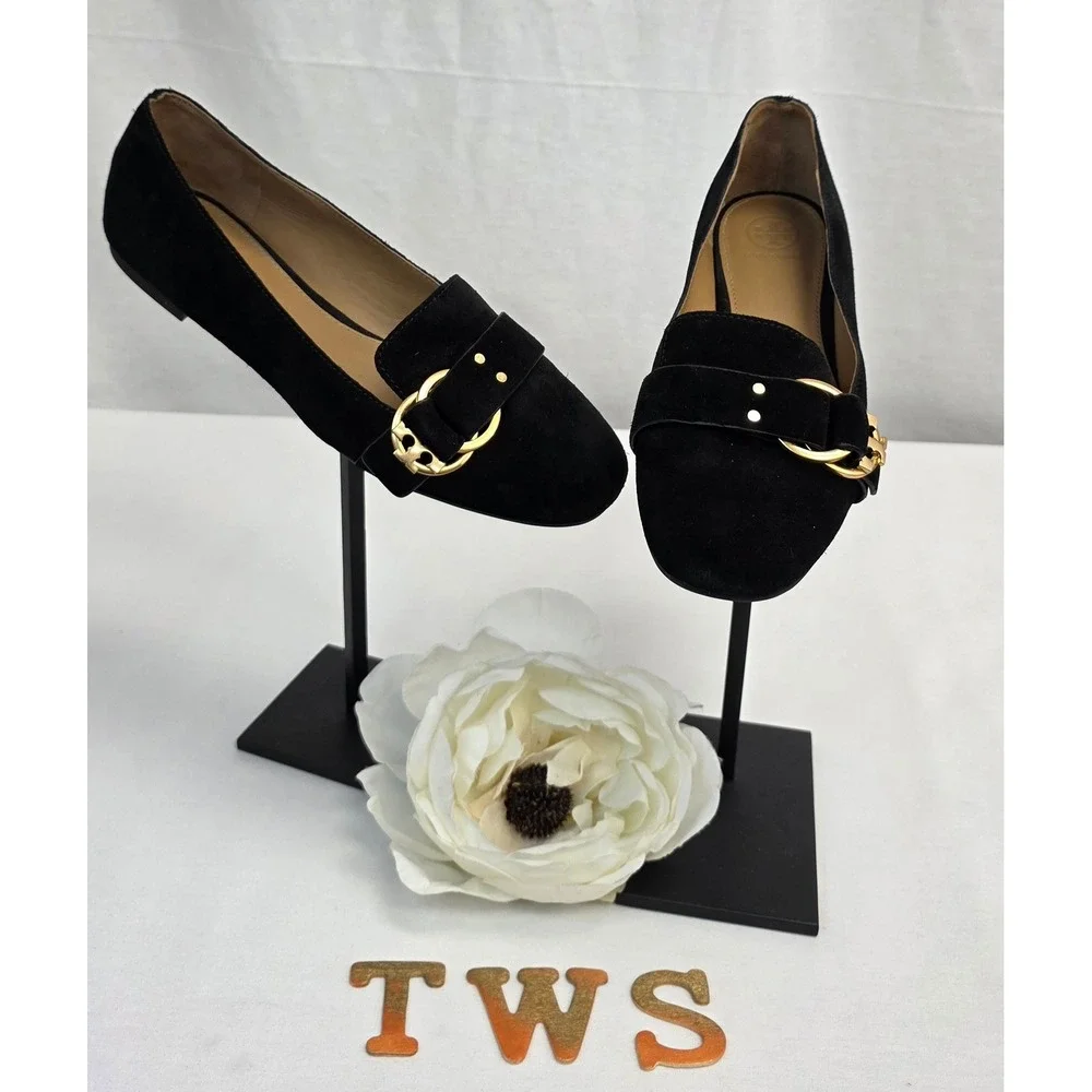 Tory Burch Black Suede Logo Buckle Ballet Flats Gold Hardware Size 7.5